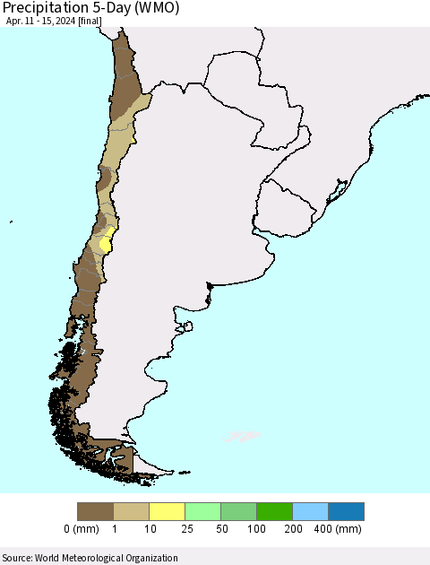 Chile Precipitation 5-Day (WMO) Thematic Map For 4/11/2024 - 4/15/2024