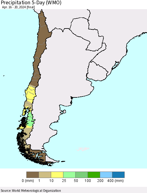 Chile Precipitation 5-Day (WMO) Thematic Map For 4/16/2024 - 4/20/2024