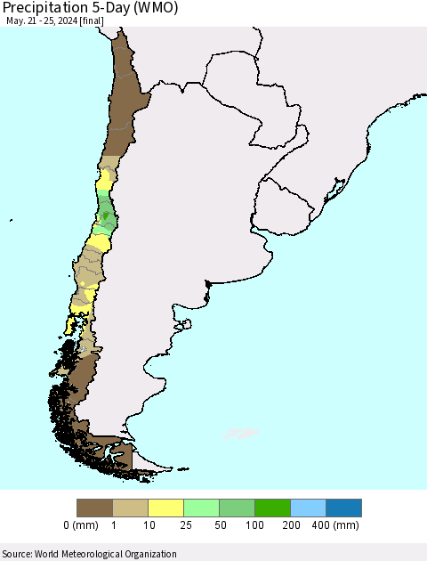 Chile Precipitation 5-Day (WMO) Thematic Map For 5/21/2024 - 5/25/2024