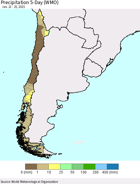 Chile Precipitation 5-Day (WMO) Thematic Map For 1/21/2025 - 1/25/2025
