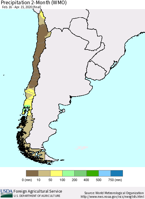 Chile Precipitation 2-Month (WMO) Thematic Map For 2/16/2020 - 4/15/2020