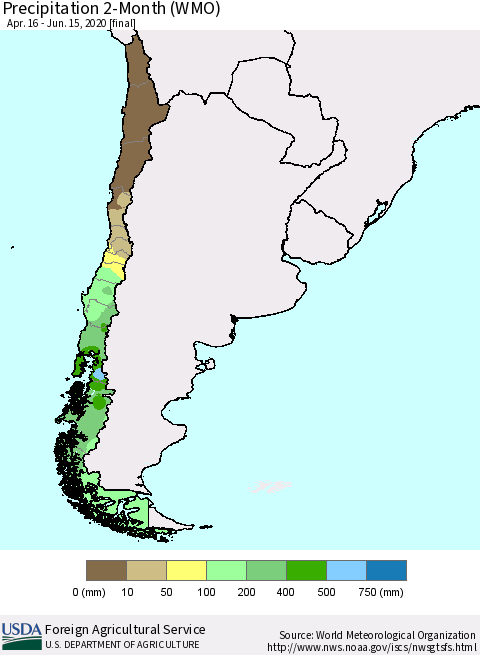 Chile Precipitation 2-Month (WMO) Thematic Map For 4/16/2020 - 6/15/2020