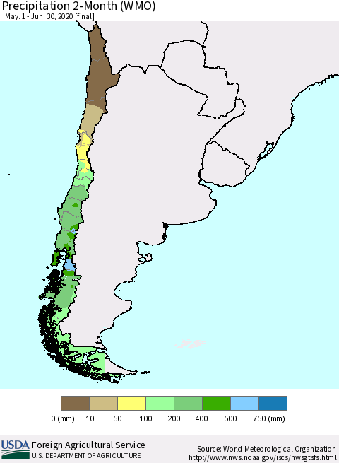 Chile Precipitation 2-Month (WMO) Thematic Map For 5/1/2020 - 6/30/2020