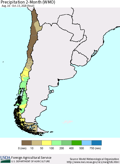 Chile Precipitation 2-Month (WMO) Thematic Map For 8/16/2020 - 10/15/2020