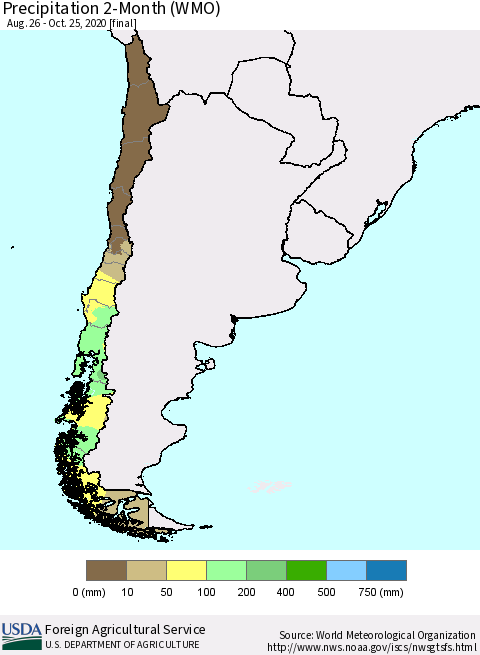 Chile Precipitation 2-Month (WMO) Thematic Map For 8/26/2020 - 10/25/2020