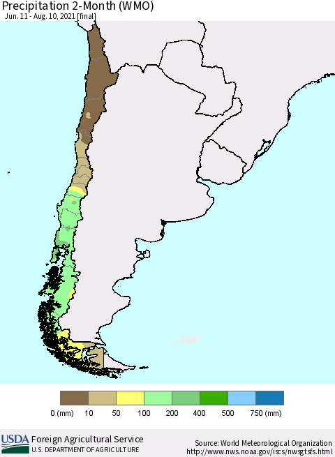 Chile Precipitation 2-Month (WMO) Thematic Map For 6/11/2021 - 8/10/2021