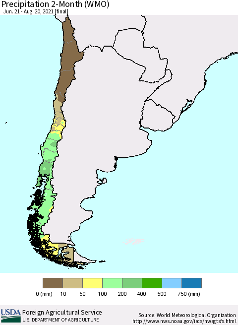 Chile Precipitation 2-Month (WMO) Thematic Map For 6/21/2021 - 8/20/2021