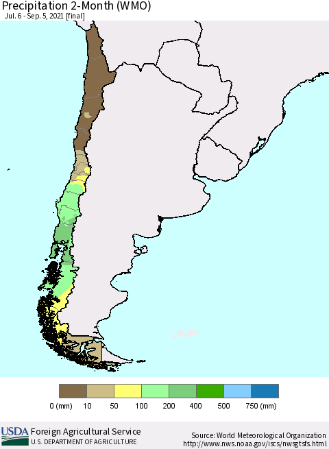 Chile Precipitation 2-Month (WMO) Thematic Map For 7/6/2021 - 9/5/2021