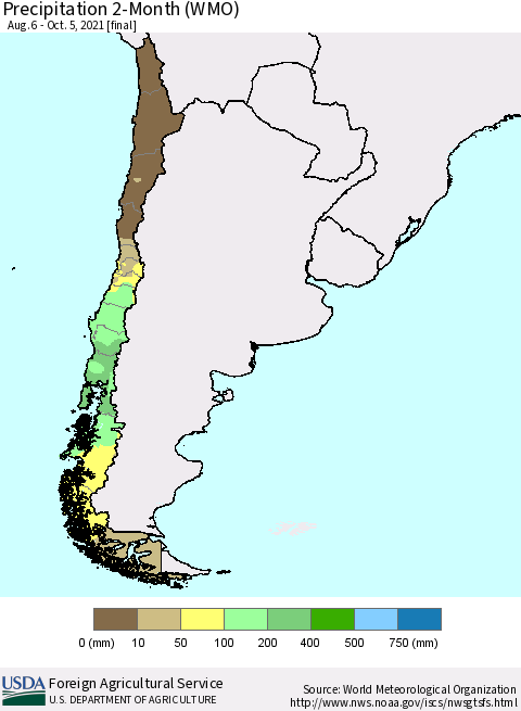 Chile Precipitation 2-Month (WMO) Thematic Map For 8/6/2021 - 10/5/2021
