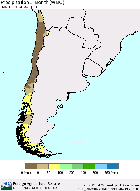 Chile Precipitation 2-Month (WMO) Thematic Map For 11/1/2021 - 12/31/2021