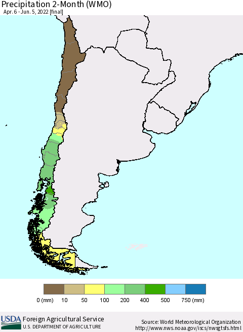 Chile Precipitation 2-Month (WMO) Thematic Map For 4/6/2022 - 6/5/2022