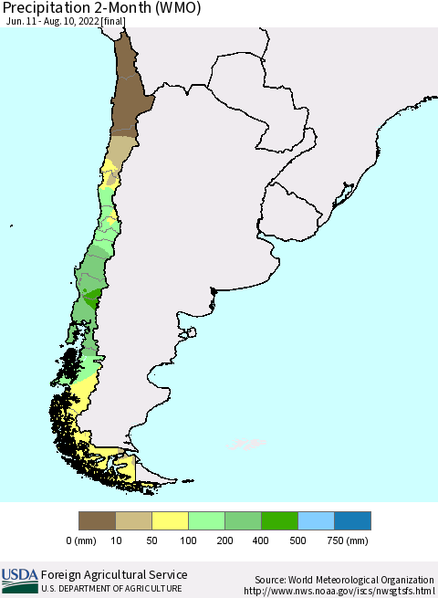 Chile Precipitation 2-Month (WMO) Thematic Map For 6/11/2022 - 8/10/2022