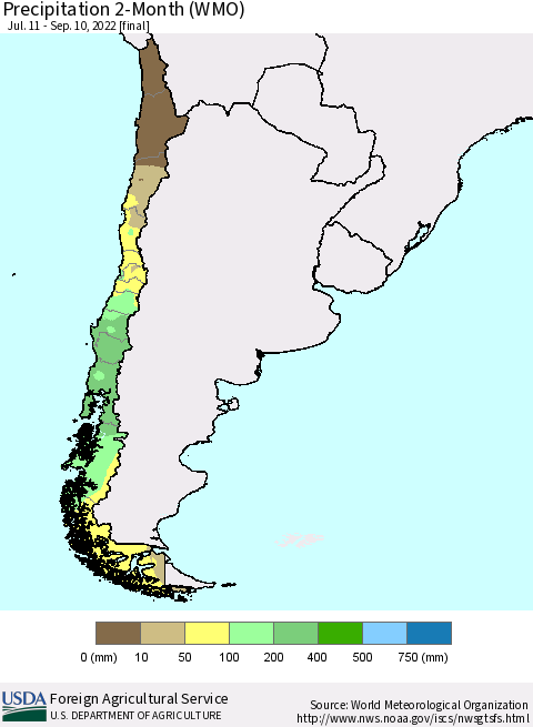 Chile Precipitation 2-Month (WMO) Thematic Map For 7/11/2022 - 9/10/2022