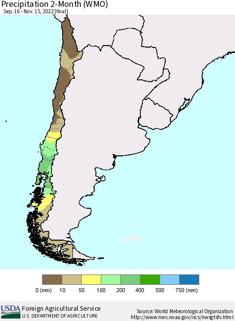 Chile Precipitation 2-Month (WMO) Thematic Map For 9/16/2022 - 11/15/2022