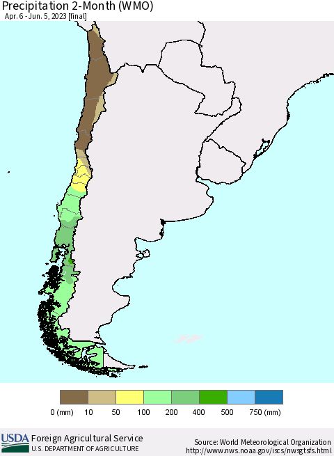 Chile Precipitation 2-Month (WMO) Thematic Map For 4/6/2023 - 6/5/2023