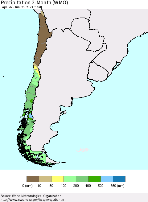 Chile Precipitation 2-Month (WMO) Thematic Map For 4/26/2023 - 6/25/2023