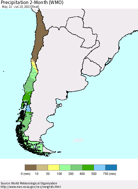 Chile Precipitation 2-Month (WMO) Thematic Map For 5/11/2023 - 7/10/2023