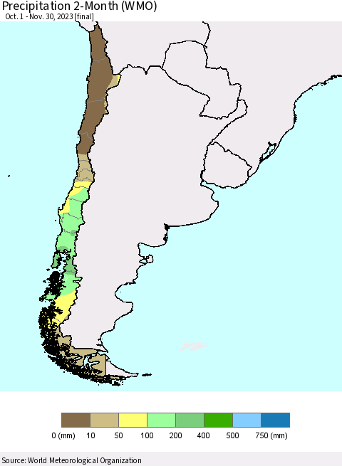 Chile Precipitation 2-Month (WMO) Thematic Map For 10/1/2023 - 11/30/2023