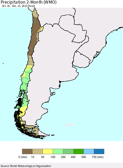Chile Precipitation 2-Month (WMO) Thematic Map For 10/16/2023 - 12/15/2023