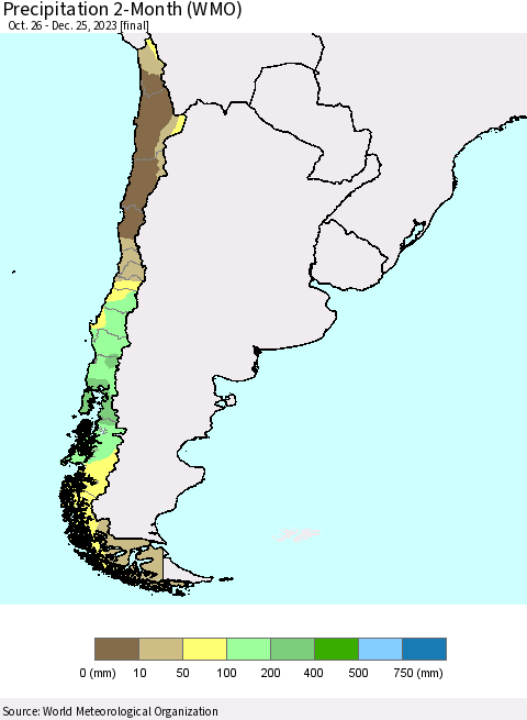 Chile Precipitation 2-Month (WMO) Thematic Map For 10/26/2023 - 12/25/2023