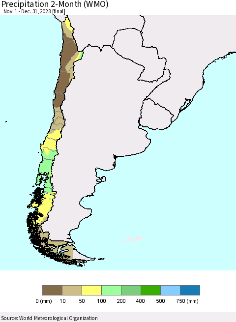 Chile Precipitation 2-Month (WMO) Thematic Map For 11/1/2023 - 12/31/2023