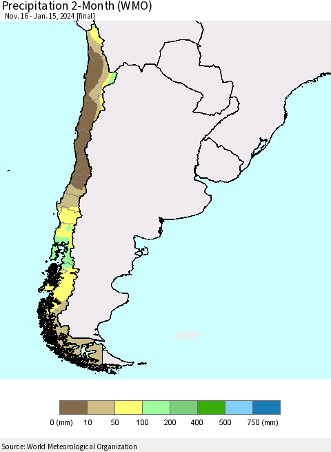 Chile Precipitation 2-Month (WMO) Thematic Map For 11/16/2023 - 1/15/2024