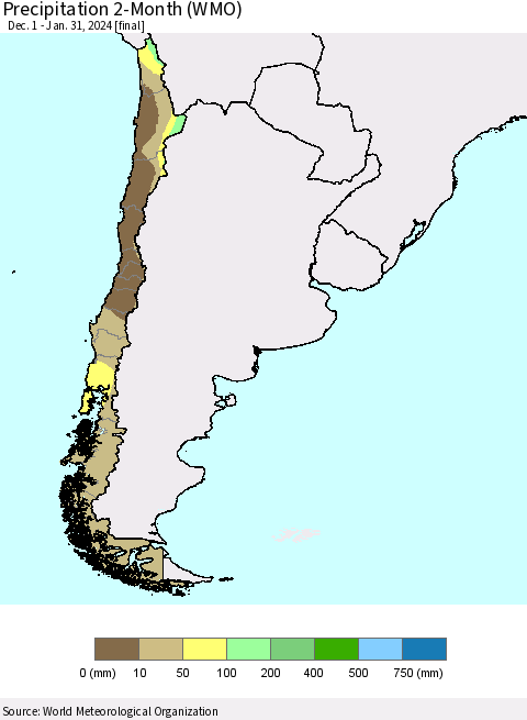 Chile Precipitation 2-Month (WMO) Thematic Map For 12/1/2023 - 1/31/2024