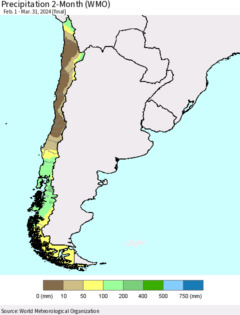 Chile Precipitation 2-Month (WMO) Thematic Map For 2/1/2024 - 3/31/2024