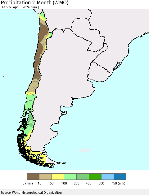 Chile Precipitation 2-Month (WMO) Thematic Map For 2/6/2024 - 4/5/2024