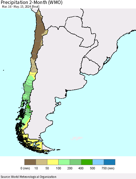 Chile Precipitation 2-Month (WMO) Thematic Map For 3/16/2024 - 5/15/2024
