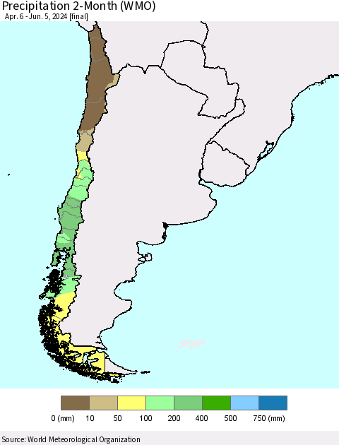 Chile Precipitation 2-Month (WMO) Thematic Map For 4/6/2024 - 6/5/2024