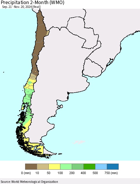 Chile Precipitation 2-Month (WMO) Thematic Map For 9/21/2024 - 11/20/2024