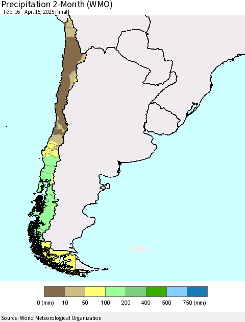 Chile Precipitation 2-Month (WMO) Thematic Map For 2/16/2025 - 4/15/2025