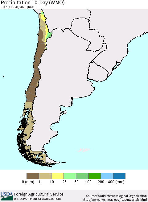 Chile Precipitation 10-Day (WMO) Thematic Map For 1/11/2020 - 1/20/2020