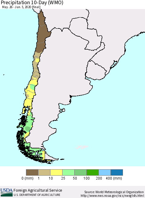 Chile Precipitation 10-Day (WMO) Thematic Map For 5/26/2020 - 6/5/2020