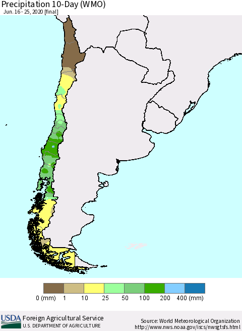 Chile Precipitation 10-Day (WMO) Thematic Map For 6/16/2020 - 6/25/2020