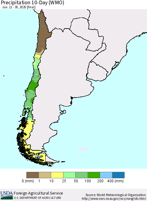 Chile Precipitation 10-Day (WMO) Thematic Map For 6/21/2020 - 6/30/2020