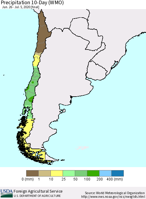Chile Precipitation 10-Day (WMO) Thematic Map For 6/26/2020 - 7/5/2020