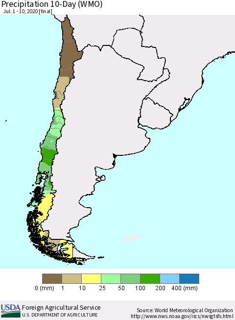 Chile Precipitation 10-Day (WMO) Thematic Map For 7/1/2020 - 7/10/2020
