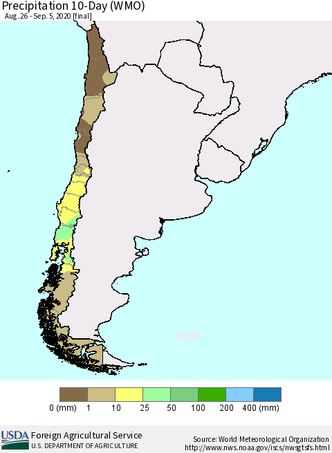 Chile Precipitation 10-Day (WMO) Thematic Map For 8/26/2020 - 9/5/2020