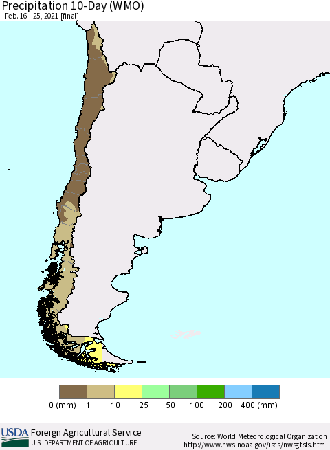 Chile Precipitation 10-Day (WMO) Thematic Map For 2/16/2021 - 2/25/2021