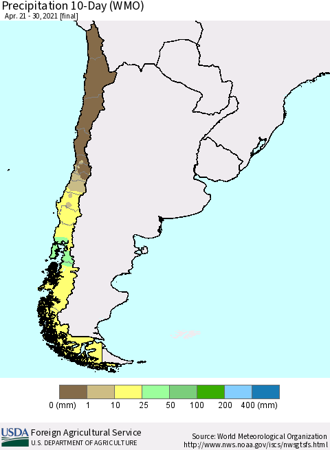 Chile Precipitation 10-Day (WMO) Thematic Map For 4/21/2021 - 4/30/2021
