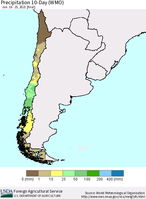 Chile Precipitation 10-Day (WMO) Thematic Map For 6/16/2021 - 6/25/2021