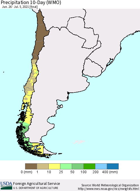 Chile Precipitation 10-Day (WMO) Thematic Map For 6/26/2021 - 7/5/2021