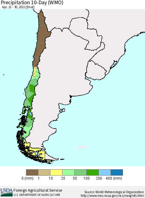 Chile Precipitation 10-Day (WMO) Thematic Map For 4/21/2022 - 4/30/2022