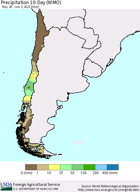 Chile Precipitation 10-Day (WMO) Thematic Map For 5/26/2022 - 6/5/2022