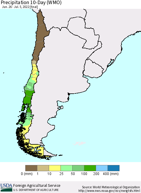 Chile Precipitation 10-Day (WMO) Thematic Map For 6/26/2022 - 7/5/2022