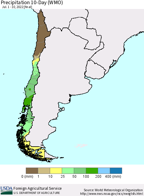 Chile Precipitation 10-Day (WMO) Thematic Map For 7/1/2022 - 7/10/2022