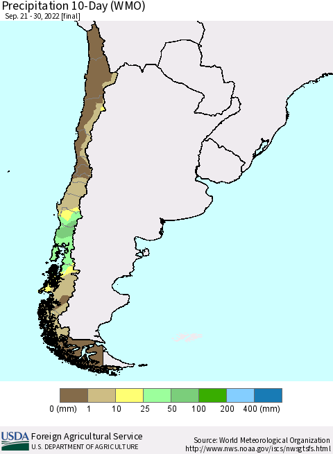 Chile Precipitation 10-Day (WMO) Thematic Map For 9/21/2022 - 9/30/2022