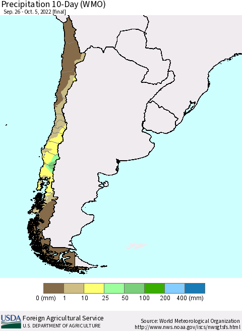 Chile Precipitation 10-Day (WMO) Thematic Map For 9/26/2022 - 10/5/2022